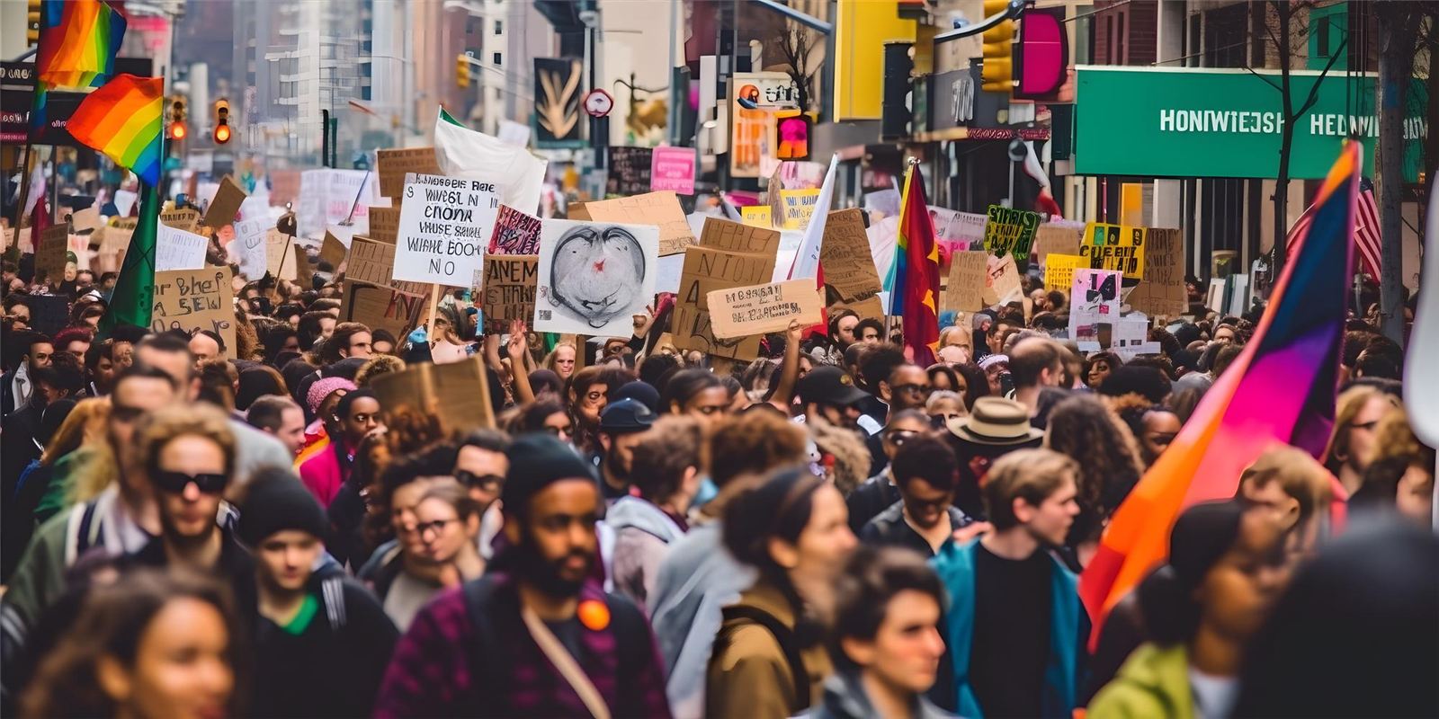 A crowded street march, people carrying handmade signs and pride flags
